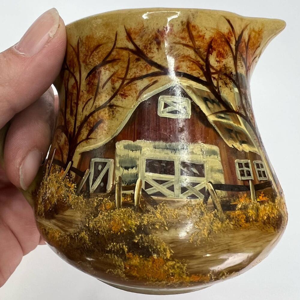 Signed By Repp Beautiful Hand Painted Farm Barn Scene Creamer Western Stoneware